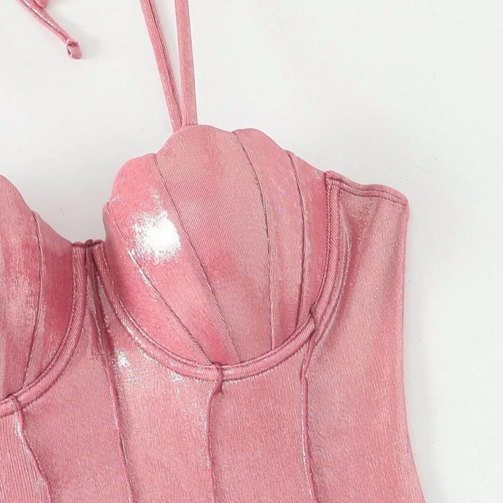 Pink High-End Sexy Women's Shiny Shell Push-Up One-Piece swimsuit w/ coverup